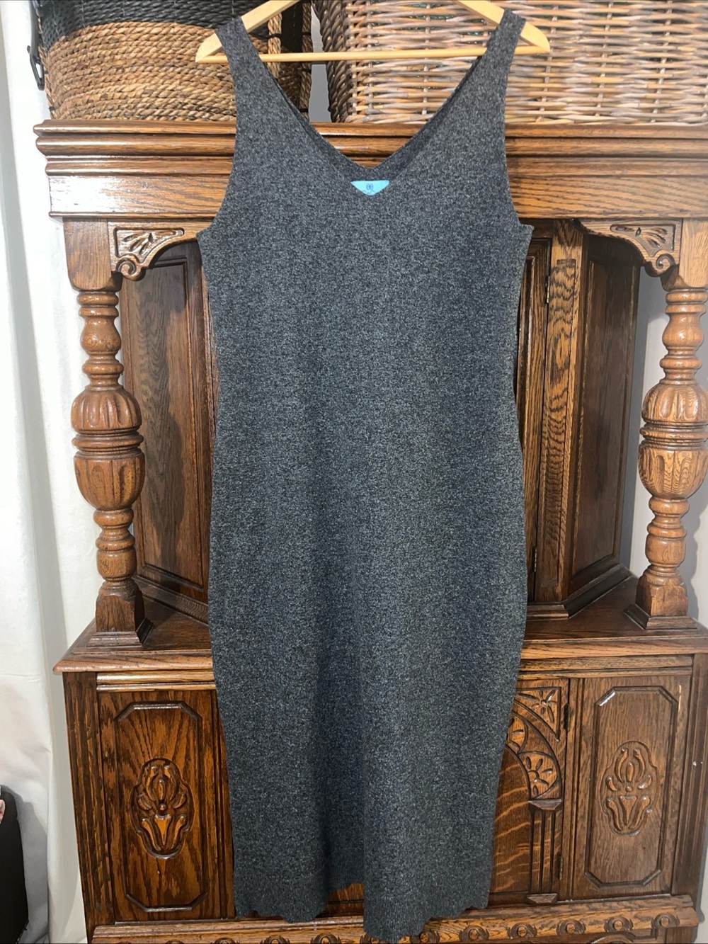 CeCe Charcoal Gray V-Neck Knit Midi Dress